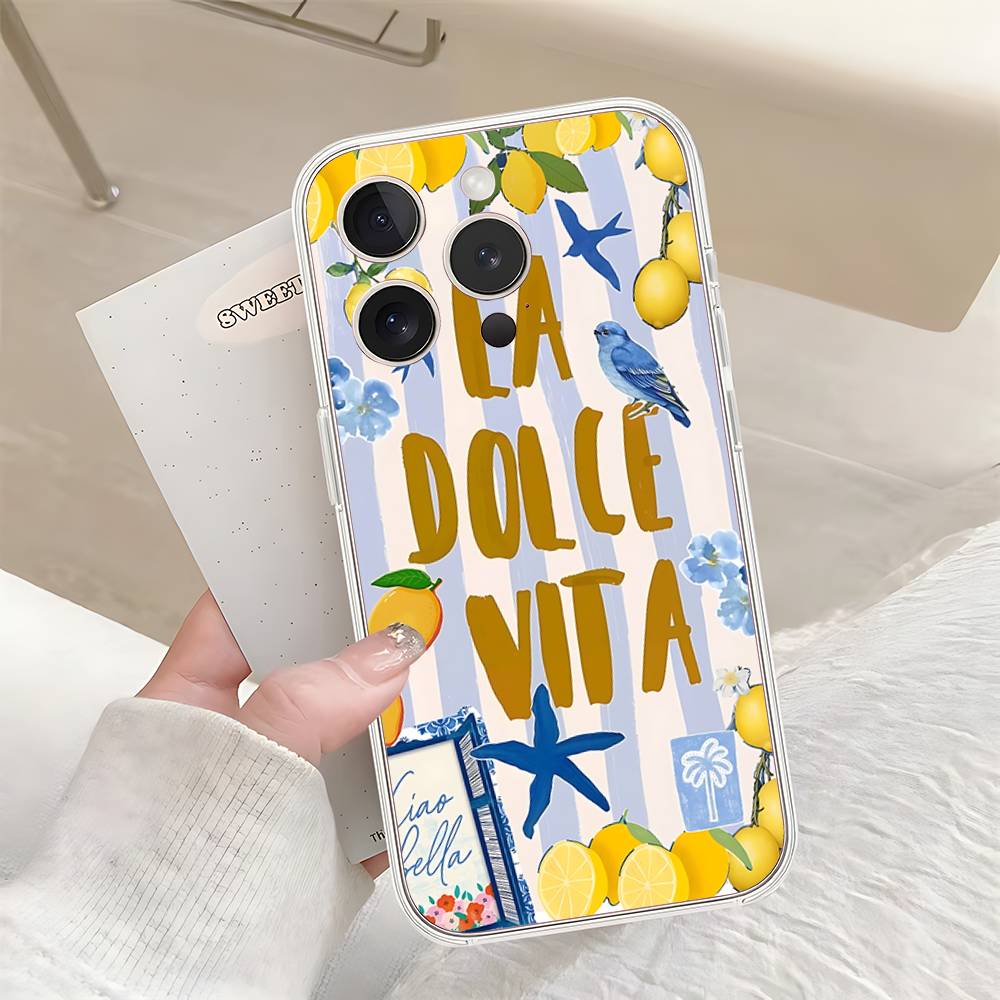 Seaside Scenery Wine Lemon Phone Case For IPhone 17 16 15 14 Plus 13 12 11 Pro Max Phone Back Cover Transparent Shockproof Cover