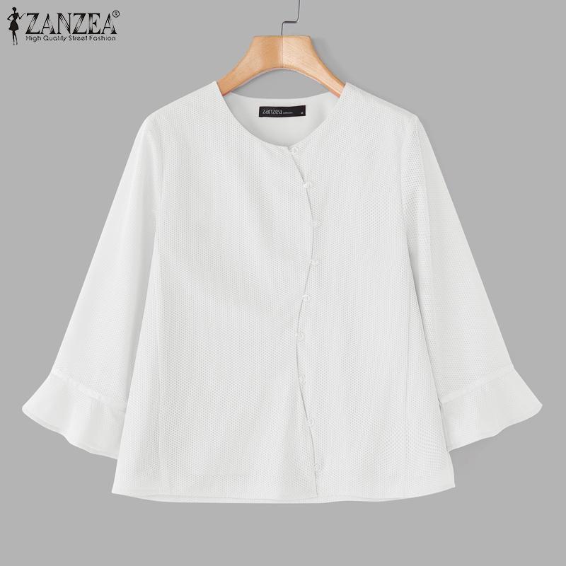 ZANZEA Women Casual Round Neck Solid Color Loose 3/4 Sleeve Blouse