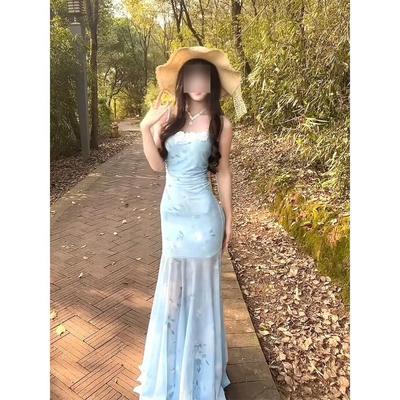 Französisches Temperament Minze Mambo Grün Mesh Trägerkleid Spice Girl Spitzennähte Hohe Taille Fischschwanzrock
