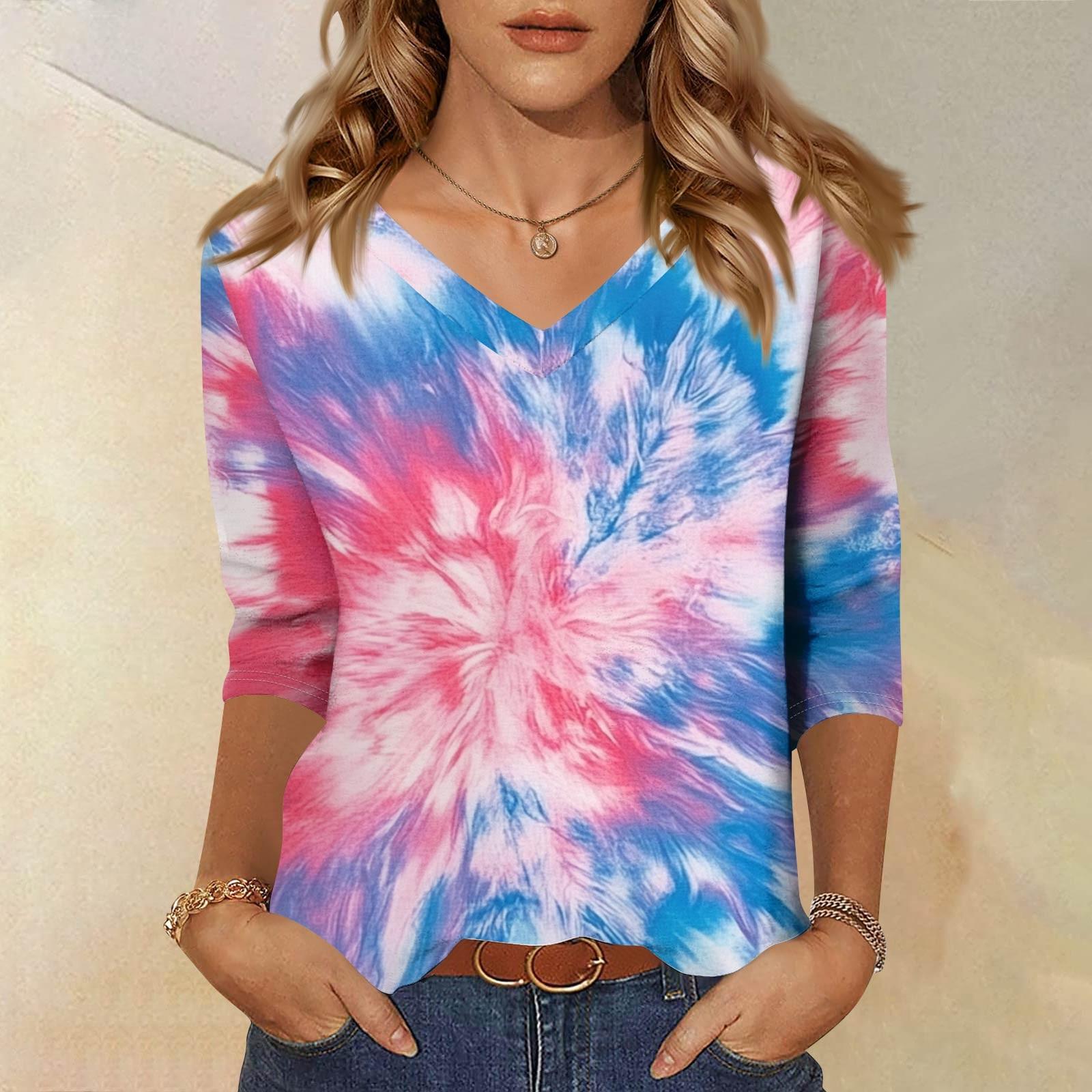 

Женская Мода Повседневный Топ с Рукавом Три Четверти и Принтом Тай-Дай с Круглым Вырезом M розовый