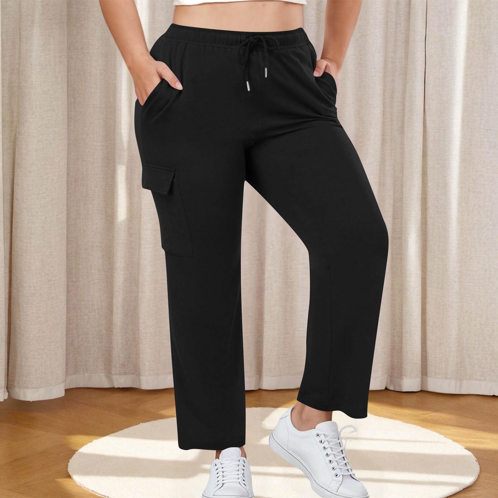 Women s Fashion Space Side Pockets Stretch Waist Button Multi-Pockets Color Pants L