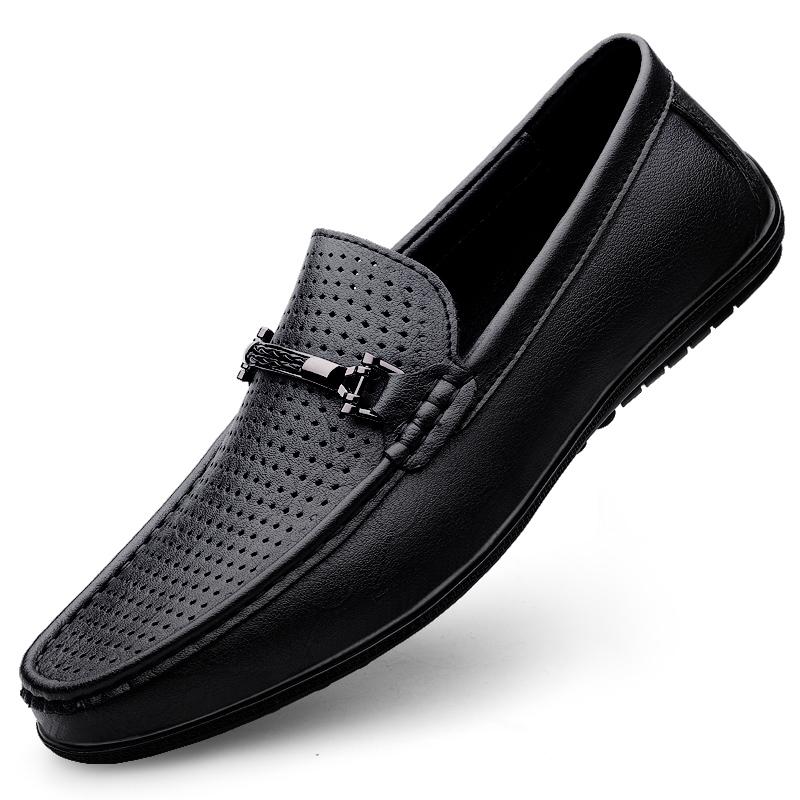 Mode Metallschnalle Blaue Slipper Echtes Leder Herren Slipper Bequeme Herren Freizeitschuhe Männliche Fahrschuhe Atmungsaktiv Herren
