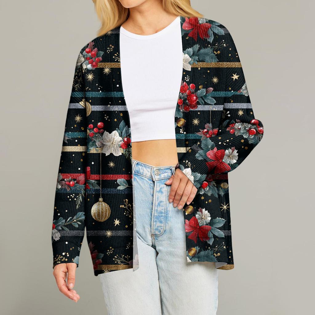 Women's Fashion Long Sleeve Print V-Neck Button Loose Cardigan Top