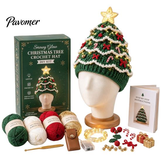 Parent Child Interaction Craft Christmas Tree Crochet Hat DIY Kit, Beginner-Friendly Light-Up Handmade Gift for Friends Complete Kit with Yarn, Tools,