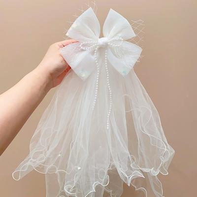 Gift White Veil Hair Clip Bow Beads Girls Head Gauze Polyester Headdress Bridal Tulle Hair Accessories