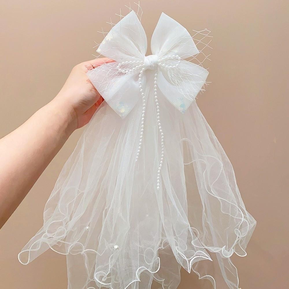 White Girls Head Gauze Bow Bridal Tulle Fashion Veil Hair Clip  Hairpins