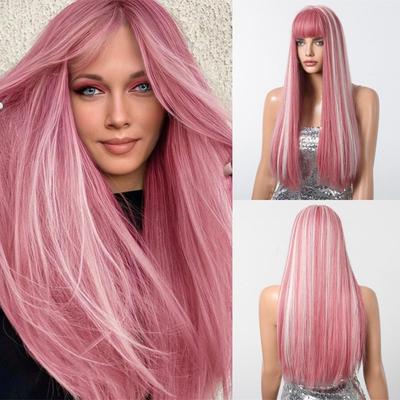 Pembe Beyaz Vurgulu Düz Peruk Uzun Sentetik Peruklar Patlamalı Karışık Renkli Pembe Parti Peruk Kadınlar İçin Cosplay Kullanımı