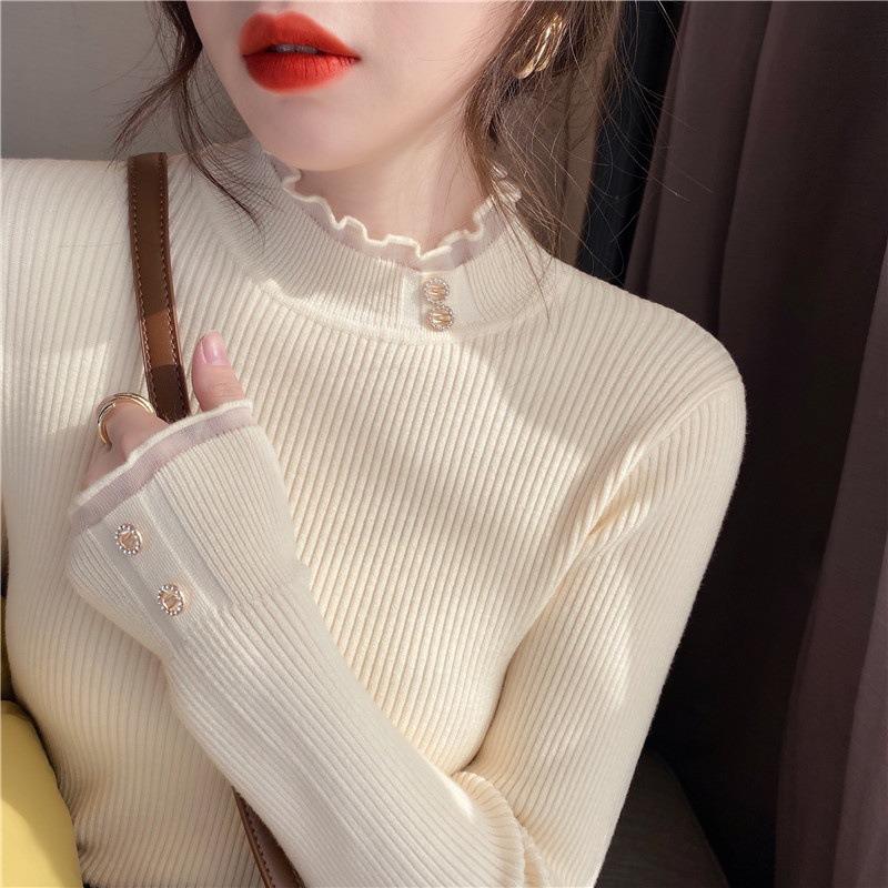 White Knitted Bottoming Shirt Women's Spring Autumn and Winter Fashion Inner Lace Semi-turtleneck Sweater Versatile Slim Top