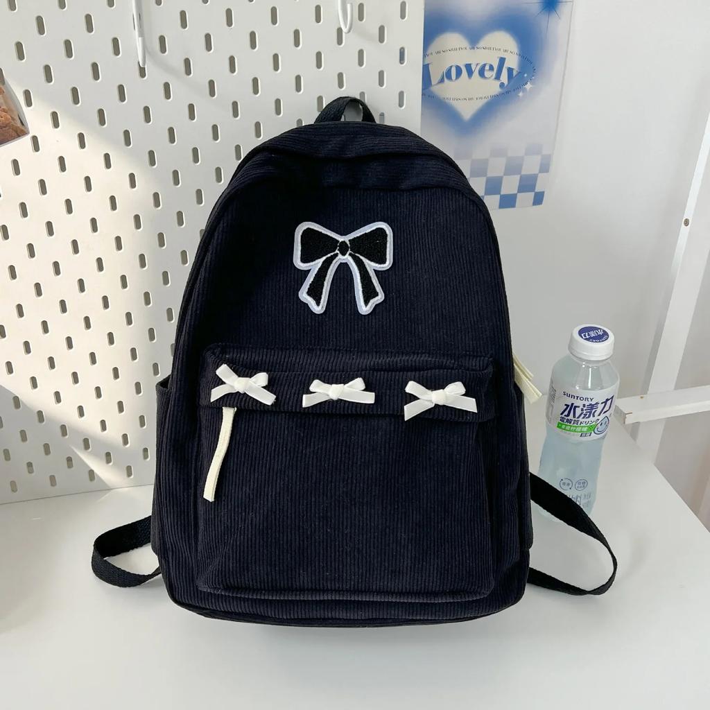 Cute Bowknot Aesthetic Backpacks Lightweight School Bookbags Students Sweet Rucksack for Girls Women's Corduroy College Mochilas