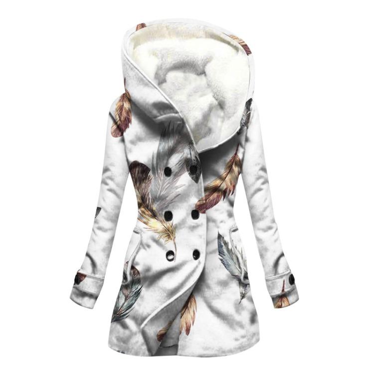 Dámská teplá plyšová bunda s kapucí na knoflíky, velká velikost, potisk květin a rostlin, s kapsami