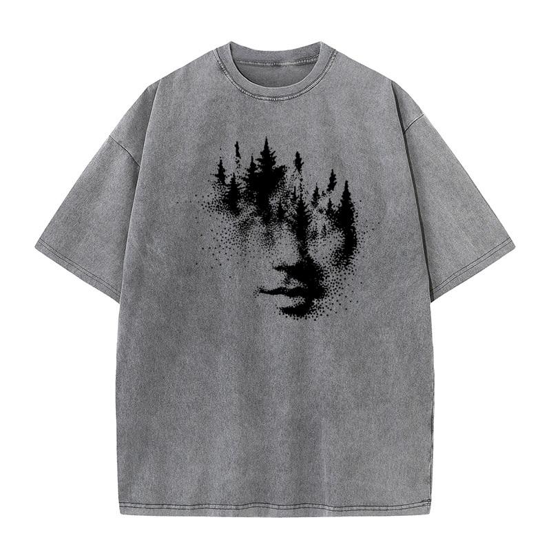 Funny Forest Face Youth Washed TShirt Classic Father Day Short Sleeve ONeck Pure Cotton Tees Hip hop Washed TShirt