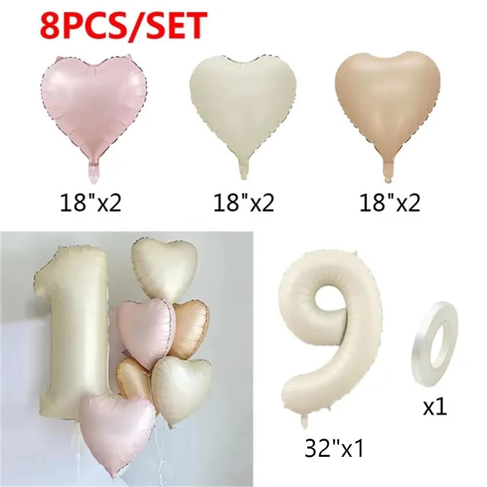 8pcs Cream Color Number Heart Foil Balloons Happy Birthday Party Decorations Kids Girl Boy 1 2 3 4 5 6 7 8 9 Year Old Supplies