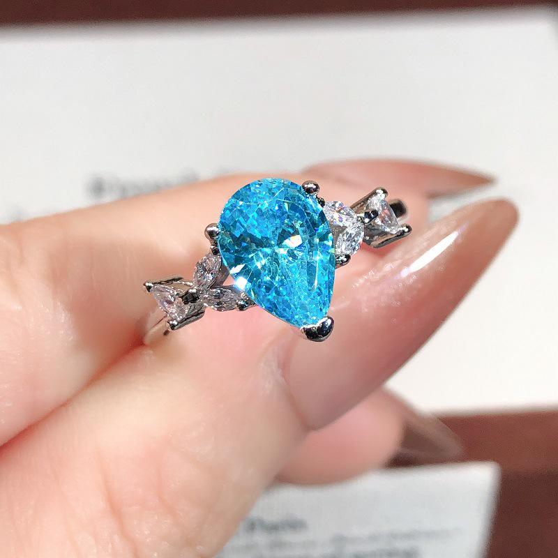 Exquisite Sea Blue Pear-Shaped Gemstone Ring for Women - Luxury, Brilliant, Niche Design