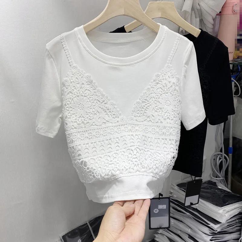 WTEMPO Korean Summer Solid Shirts Women Casual Round Collar Slim Vintage Short Sleeve Pure Cotton Lace Cropped Tops