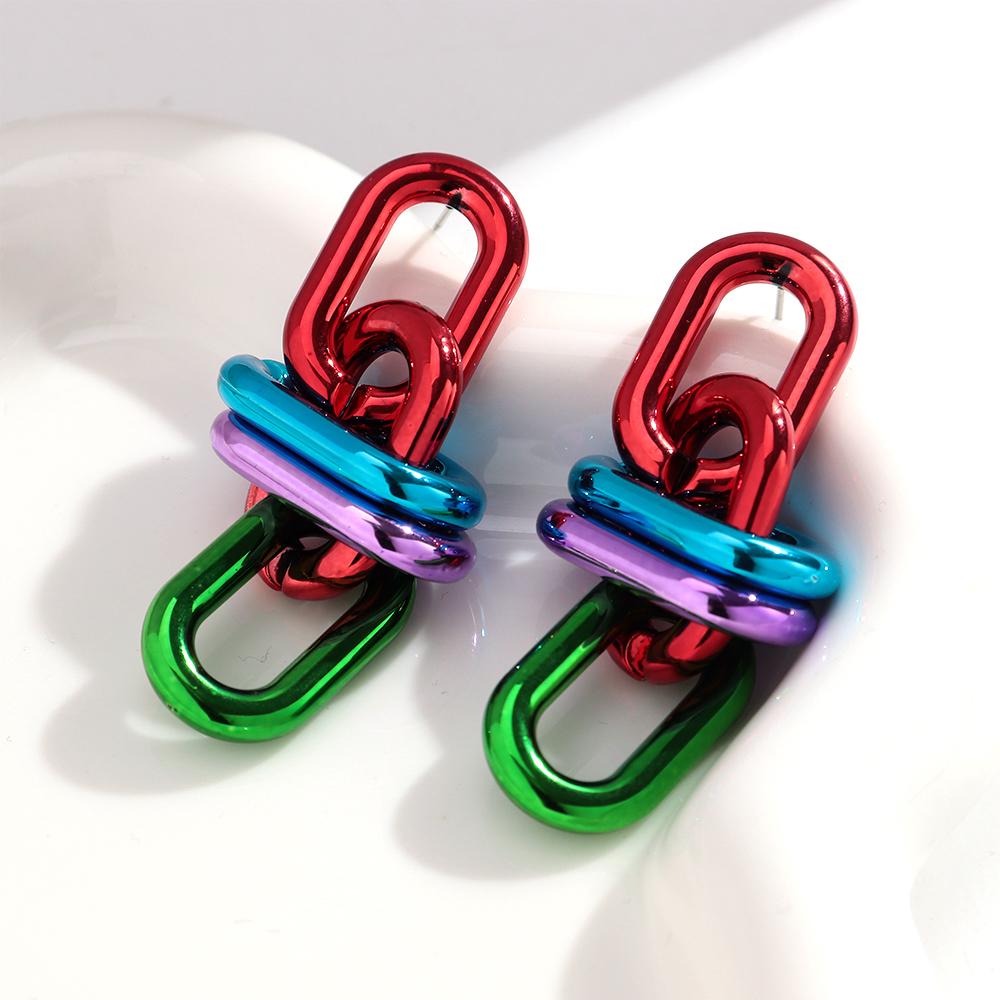 Retro Acrylic Oval Link Drop Earrings for Women New Trendy Metallic Colorful Geometric Chain Long Earring Punk Jewelry Gifts