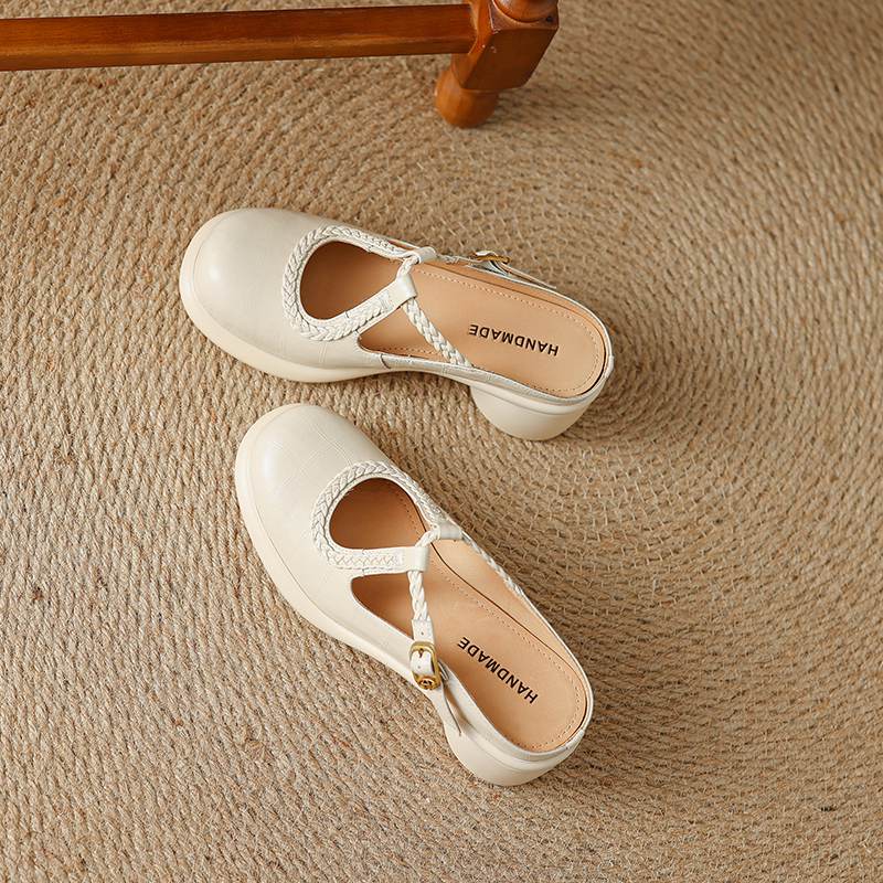 Krazing Pot Cow Skin Round Toe Size 42 Thick Round Med Heels Slip on Platform Mules Gladiator Autumn Pumps