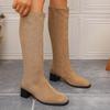 Fashion New Style of Suede Round-toed Chunky High Boots, Chunky Round-toed Boots That Don't Reach the Knees, Slim Boots