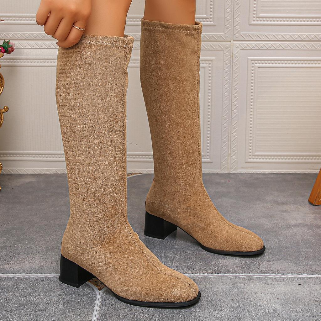 Fashion New Style of Suede Round-toed Chunky High Boots, Chunky Round-toed Boots That Don't Reach the Knees, Slim Boots