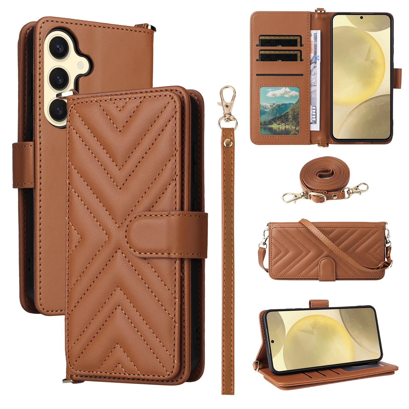 

For Samsung Galaxy S25 Wallet Case with Shoulder/Wrist Strap Leather Phone Cover Stand Brown
