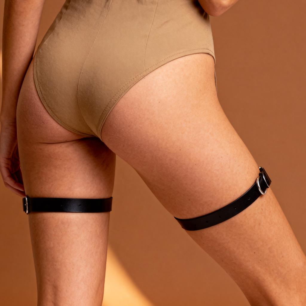 Trendy Thigh Garter Set - Black Leather Leg Bands with Adjustable Buckles & Metal Ring Detail