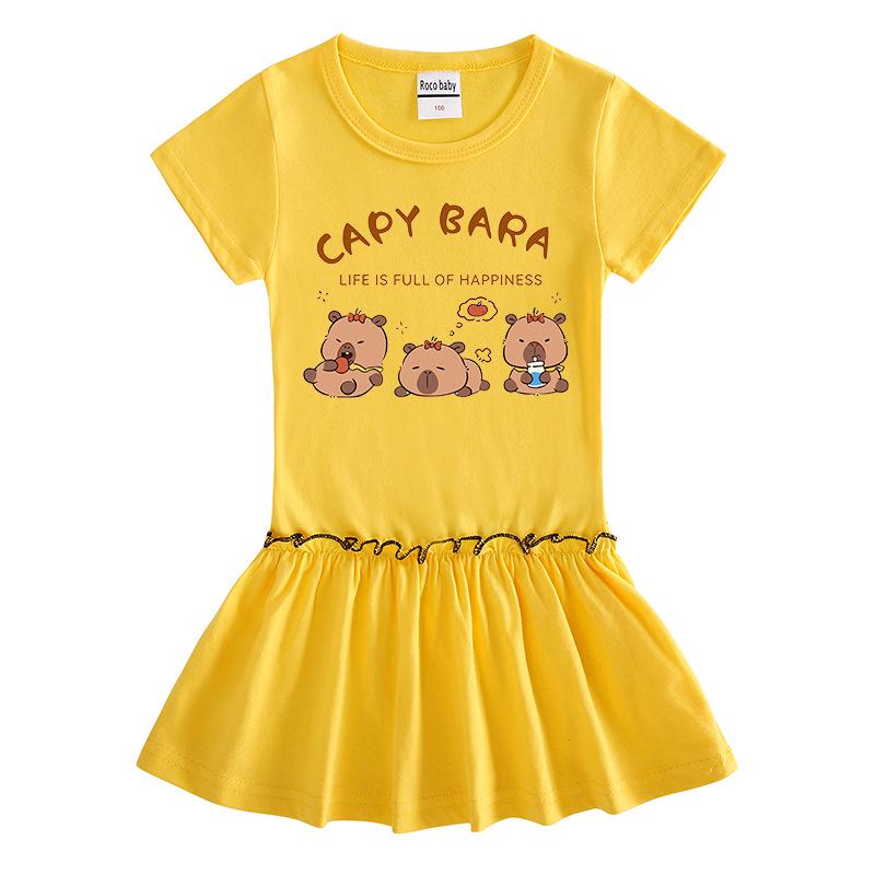 Summer Cartoon Color Block Raglan Dress for Baby Girls - Short Sleeve with Ruffled Pleated Skirt