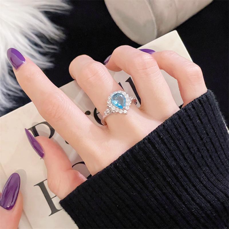 New Niche Light Luxury High-End Color Treasure Sea Blue Zir*****Pen Ring Simple Fashion Jewelry Women