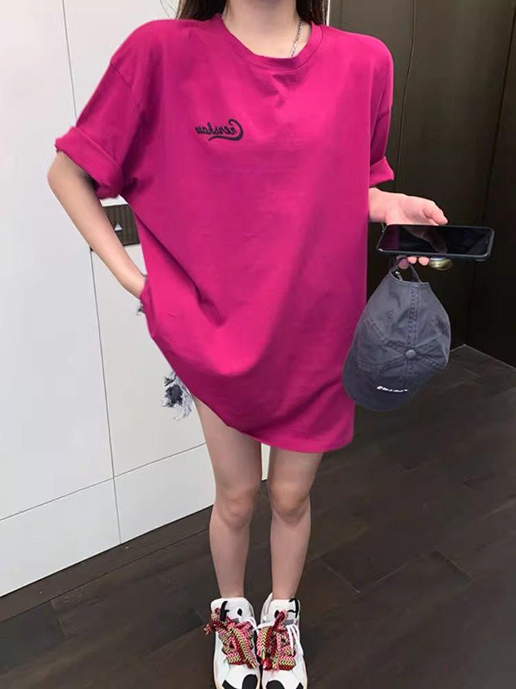 Women's Plus Size Rose Red Loose Cotton T-Shirt - Short Sleeve, Medium-Long, Casual Fit, Coverage for Comfort