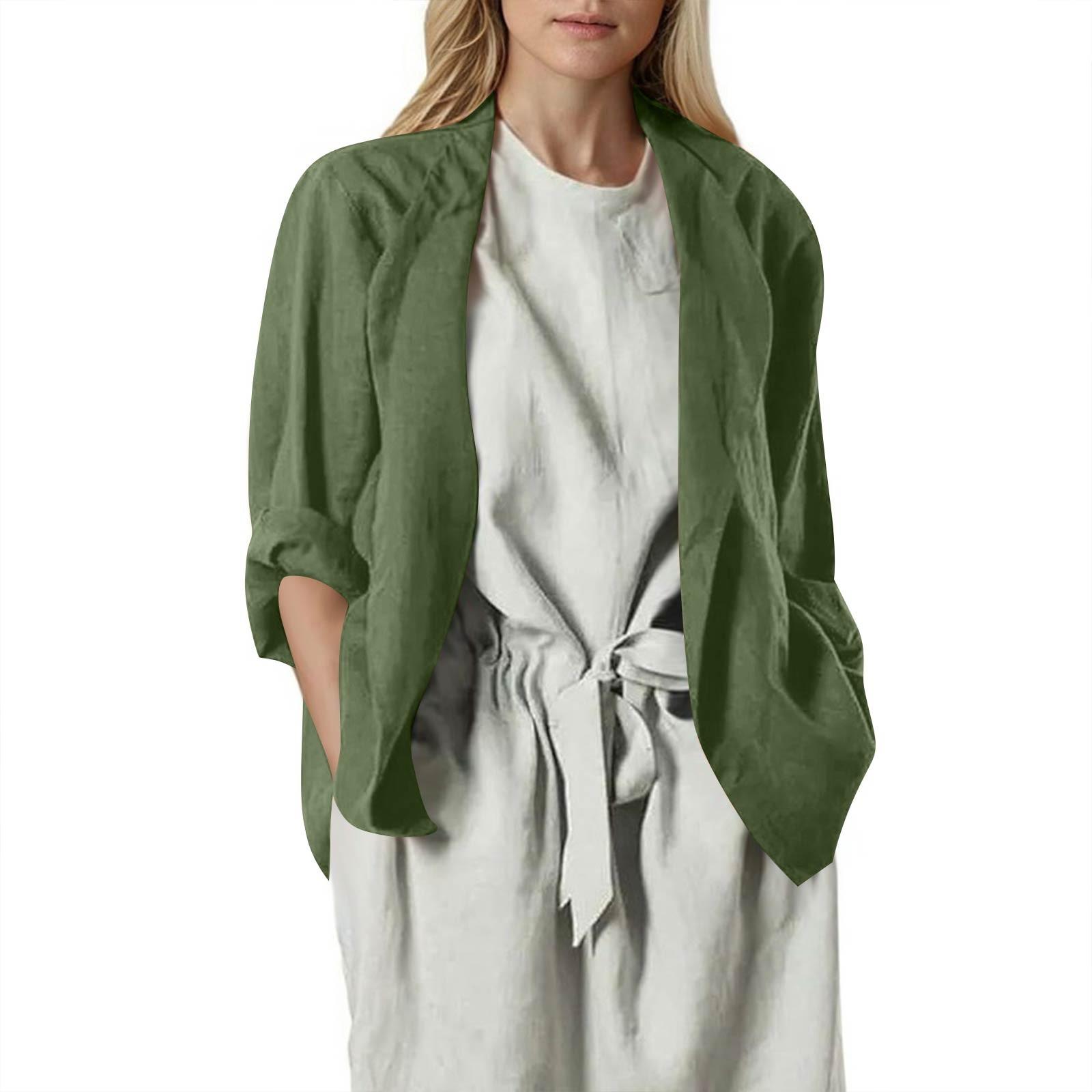 

Women’s Open Front Lightweight Blazer Relaxed Fit Three Quarter Sleeve Casual Linen Jacket for Work or Daily Wear L армия зеленый