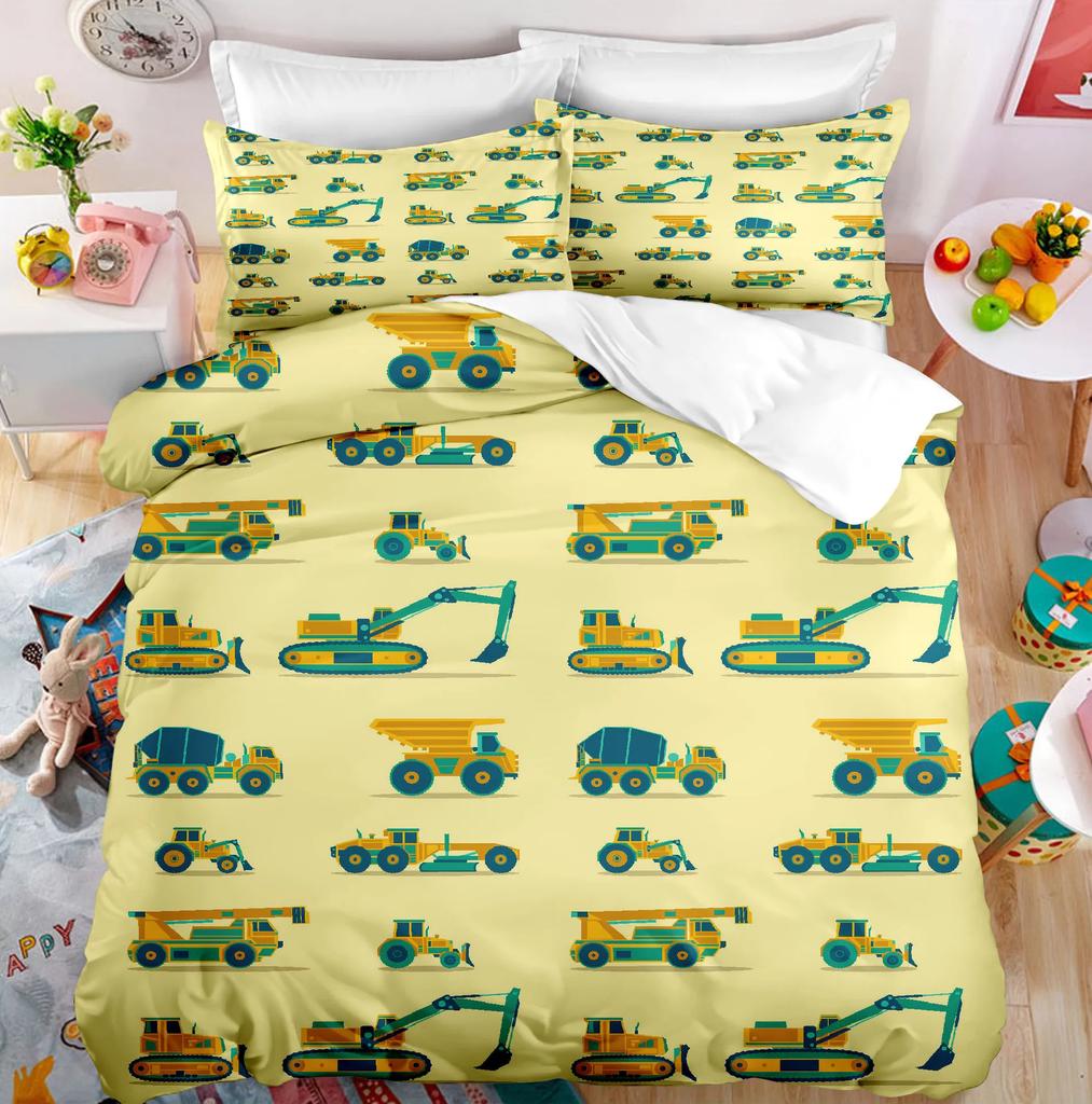 3D Print Excavator, Engineering Vehicle Bedding Set Kids Teenagers Winter Duvet Cover Set Bedroom Bed Linens Boys High-Quality