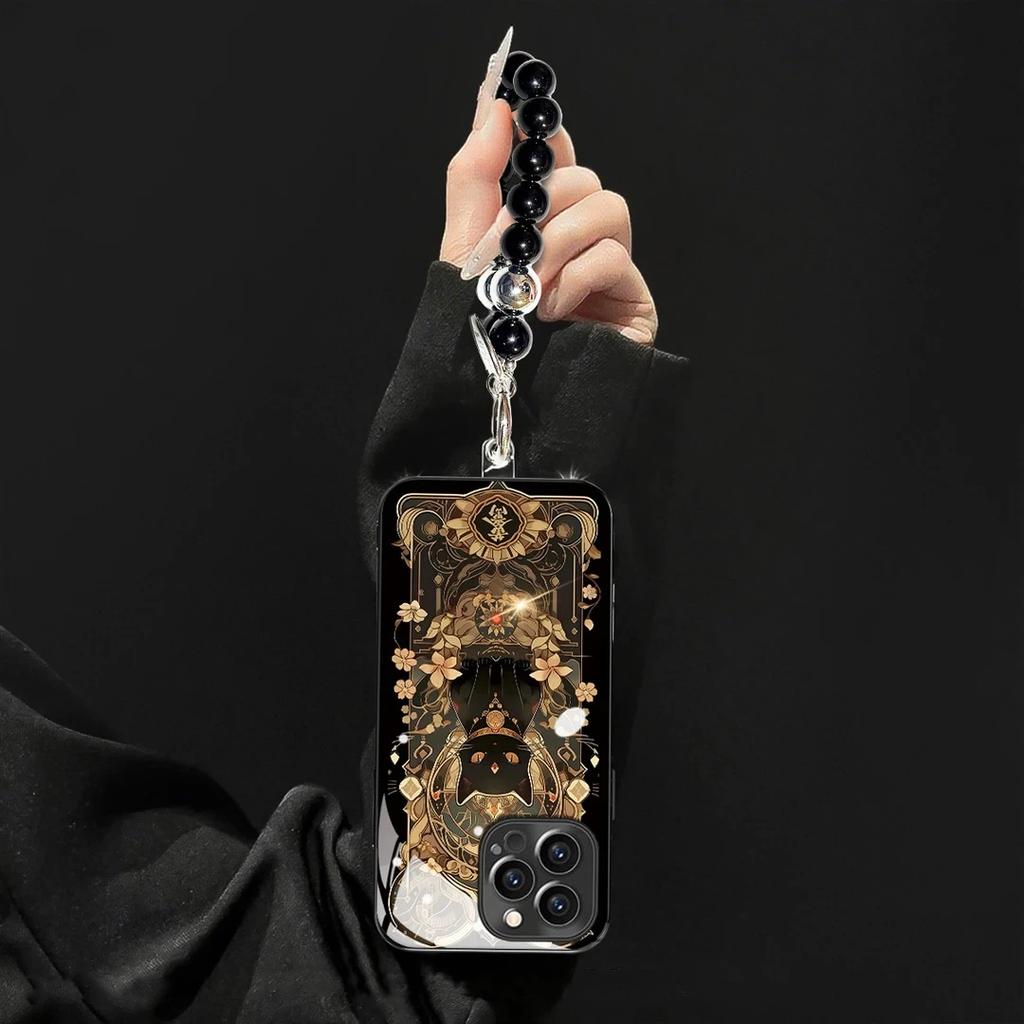 Premium Electroplated Glass Lucky Cat Suitable for Apple 16/17Promax Phone Case 14 Bracelet 15 Creative 13/xs