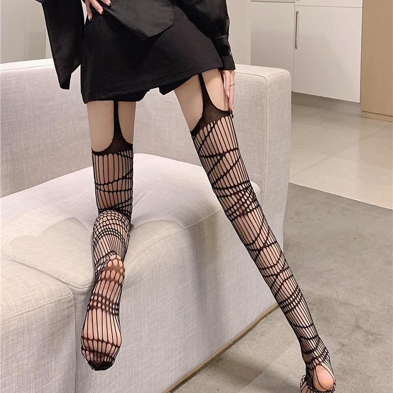 Sexy Dark Punk Fishnet Garters: Japanese Y2K Style Black Silk Stockings
