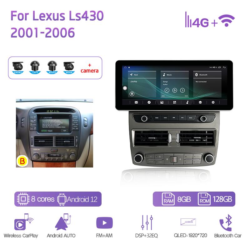 12.3Inch For Lexus Ls430 2001-2006 Car Multimedia Video Player GPS Navigation Radio Android12 8+128G 8Core CarPlay 4G 360Camera
