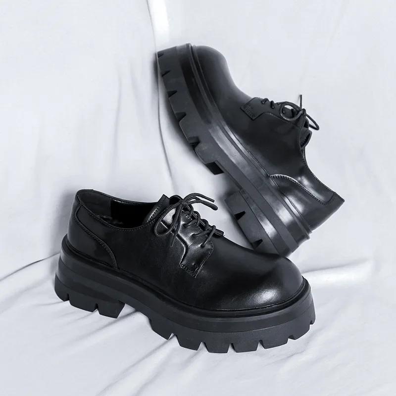 Casual Leather Men's Dress Shoes Big Head British Style Thick Soles Increase Wedding Groom Derby Platform Shoes for Men