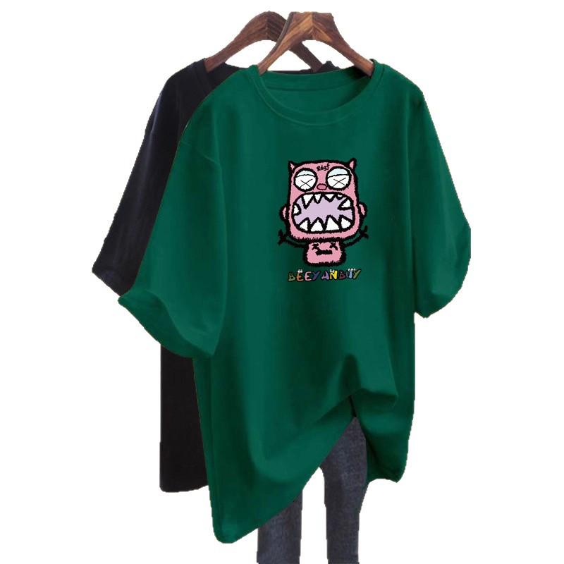 Women's Retro Cartoon Print Loose T-Shirt - Mid-Length, Round Neck, Short Sleeve, Oversized Summer Top