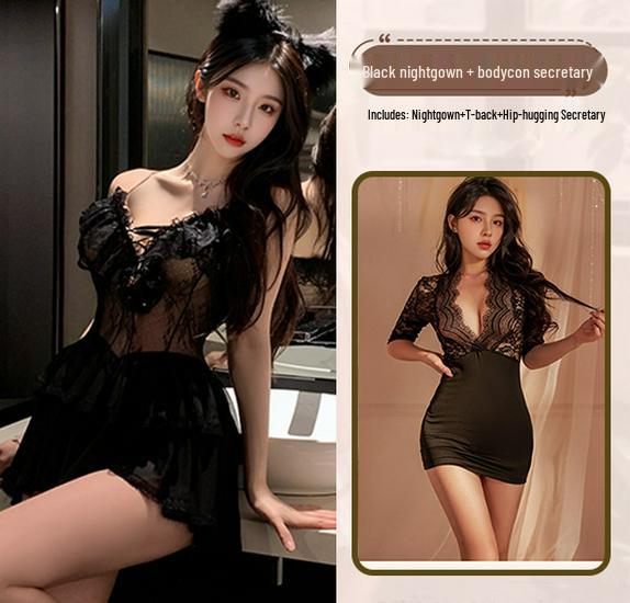 Meinaier Temptation Lace Camisole Nightdress: Sexy, See-Through, Cutout Design with Tie-Up Closure