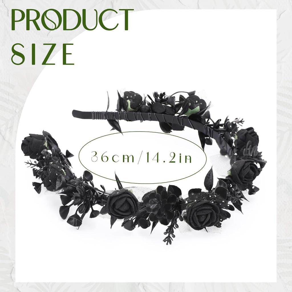 Black Floral Headpiece - Women's Elegant Lace Foam Rose Headband With Flowers for Hair Accessories, Wedding, Party, Birthday Gift, Photo Props | Dark
