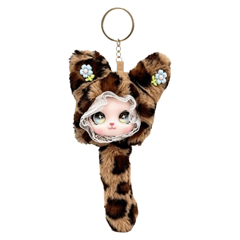 Leopard Print Furry Cat Pendant Long Tail Bag Charms Cartoon Cat Plush Toy Bag