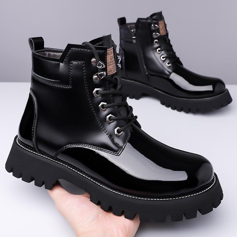 Winter Mens High Top Thermal Boots Plush Lined Snow Shoes Patent Leather Casual Non-Slip Waterproof Warm Comfortable Ankle Boots