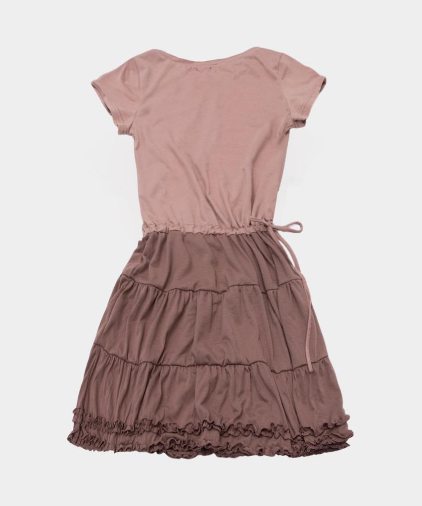 Some Place Shirred Frill Sleeveless Contrast Layered Flare Short Sleeve Midi Dress [Pink]