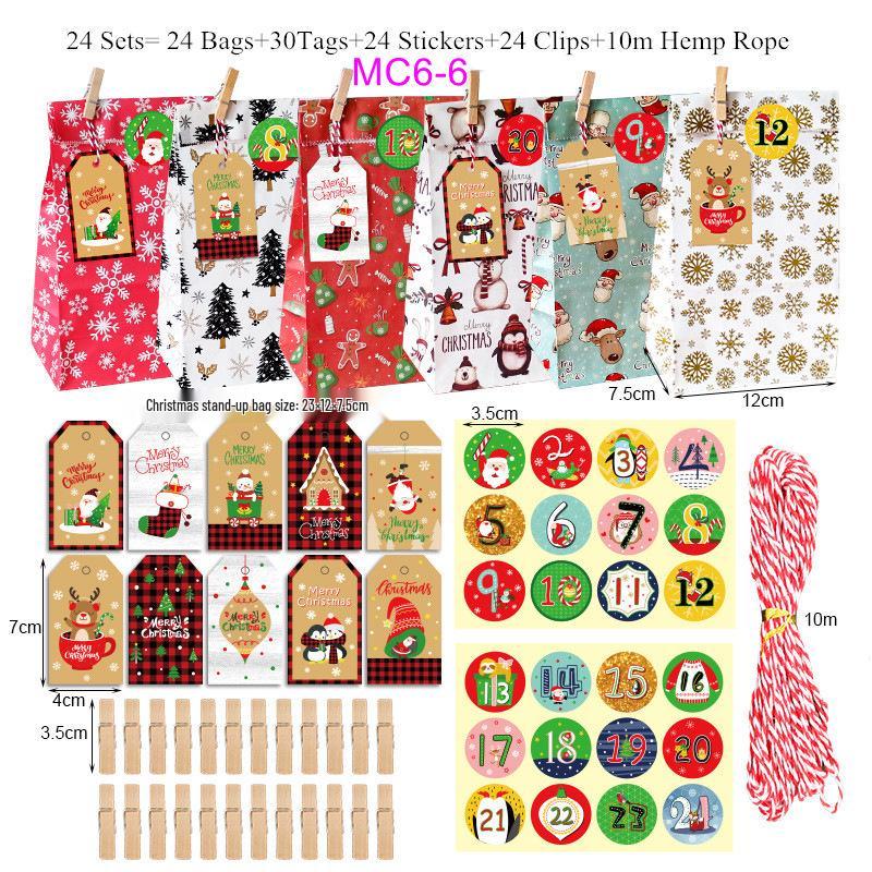 Christmas Advent Calendar Kraft Gift Bags Set - 24 Pieces