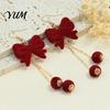 Festive New Year Party Accessories 1 Pair Velvet Bow Earrings for Women, Red Christmas Bowknot Dangle Drop Charming Holiday Jewelry with Ball