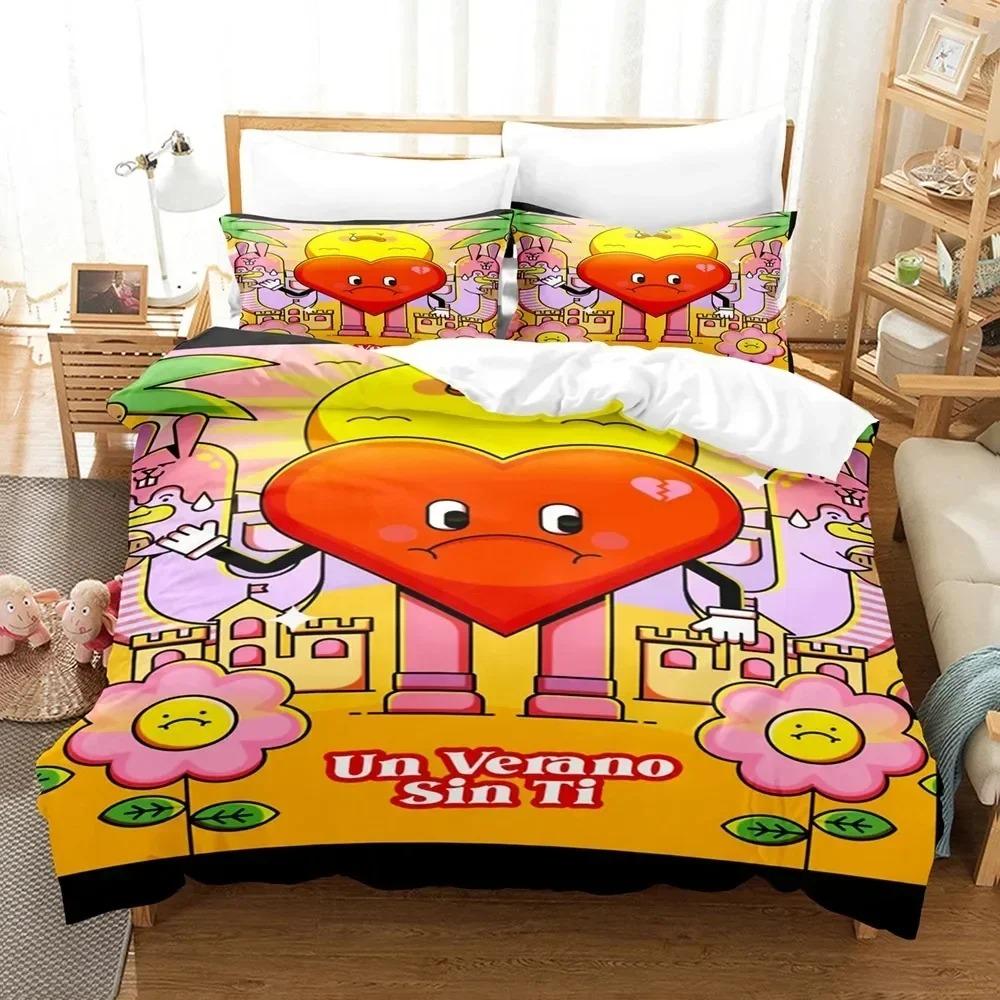 Set Copripiumino Stampa 3D Bad Bunny Un Verano Sin Ti Set Biancheria da Letto Pittura su Tela alla Moda Set Copripiumino Matrimoniale