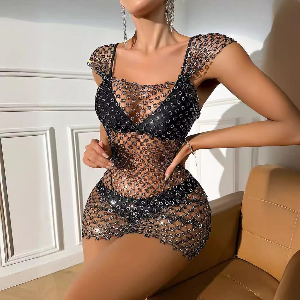 Fashion 2025 Plum blossom fishing net bright diamond sexy dress 2