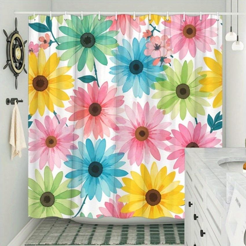 1pc Daisy Floral Shower Curtain - Overlapping Daisies in Green, Blue, Pink, Yellow, Bold & Playful Design, Polyester,  12 Hooks