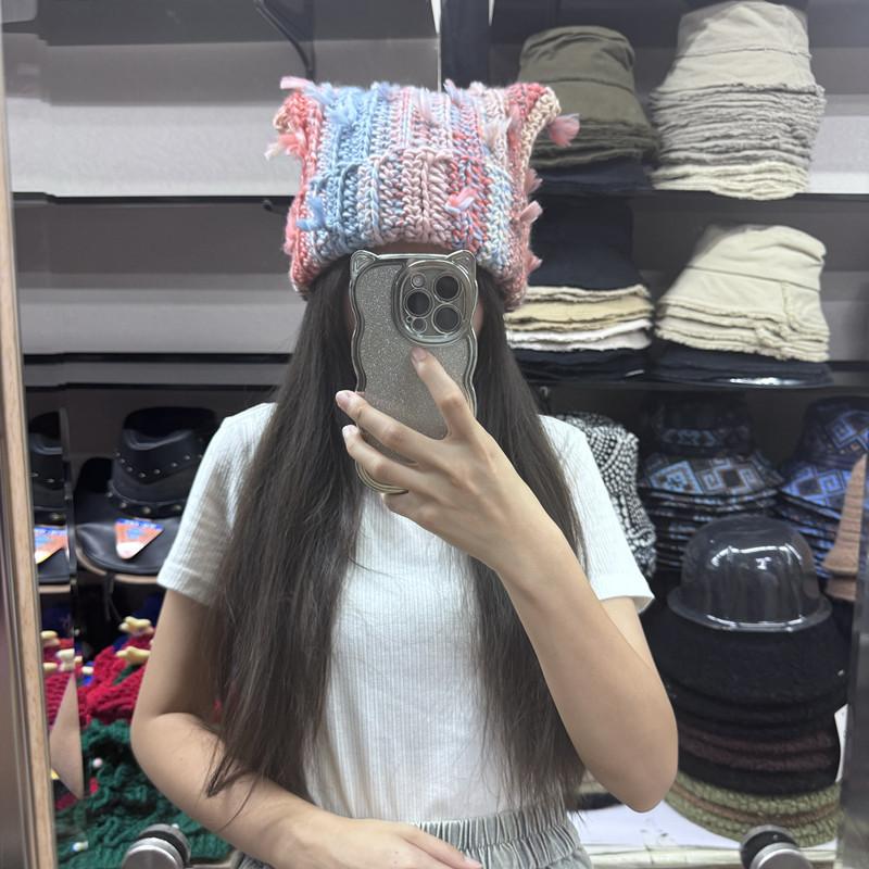 Cute color contrasting tassel wool hat women autumn and winter warm sweet ears handmade knitted hat Internet celebrity cold hat