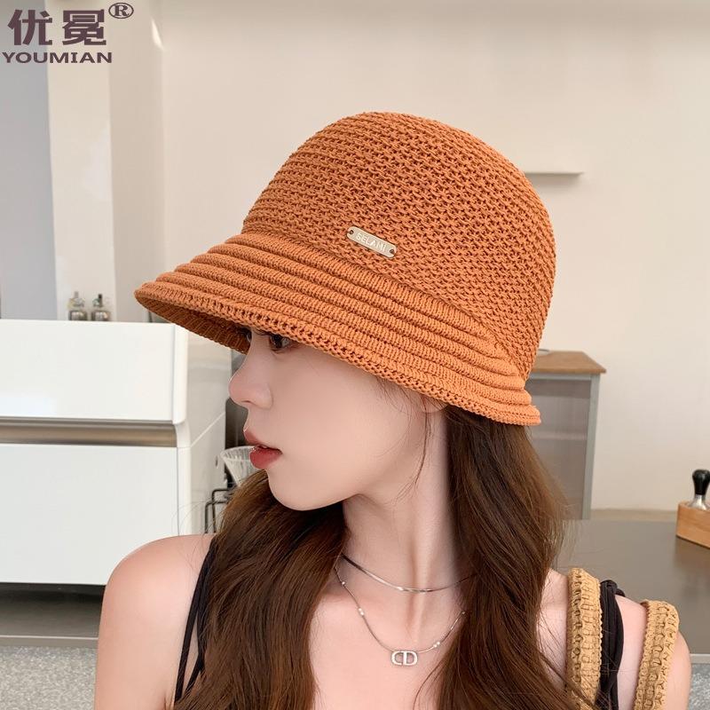Hat Women's Thin Hollow Knitted Basin Hat Spring and Summer Sun Hat Show Small Irregular Brim Simple Versatile Breathable