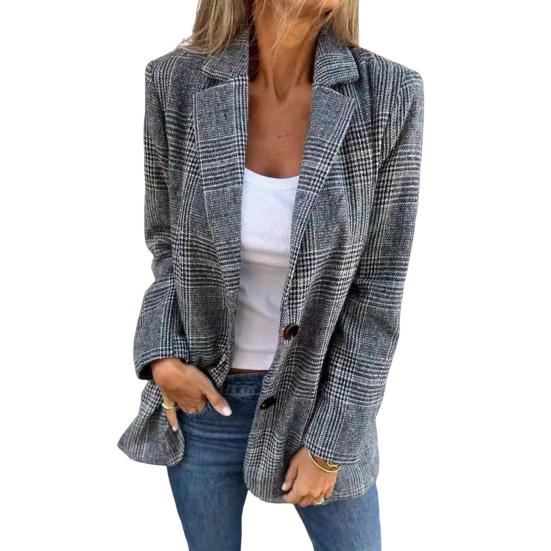 Women Fall Winter Plaid Jacket Button Closure Lapel Collar Mid-Length