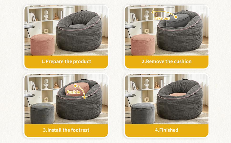 Ergonomic Curved Bean Bag Chair with Detachable Storage Pocket and Matching Cylindrical Ottoman for Modern Home Comfort