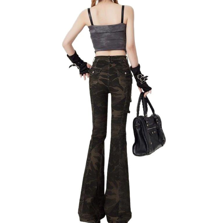 Vintage Camouflage Work Micro Flare Jeans Women Design High Waisted Trousers Slim Drapey Dragging Trousers Jeans for Women Long Denim Pants