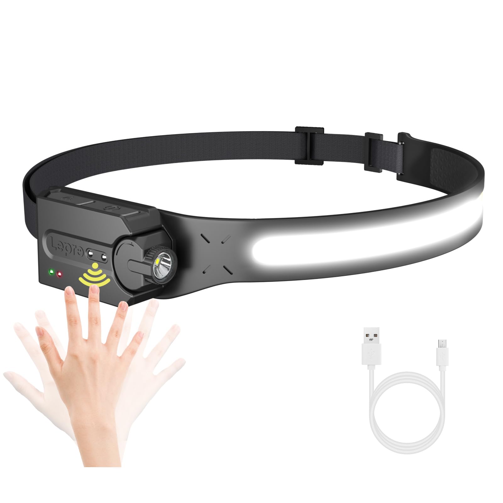 

Lepro Перезаряжаемый светодиодный налобный фонарь с высоким COB, регулируемым датчиком, 5 режимов освещения для кемпинга и бега, Яркость, 230° широкоугольное освещение, Угол, В комплекте,